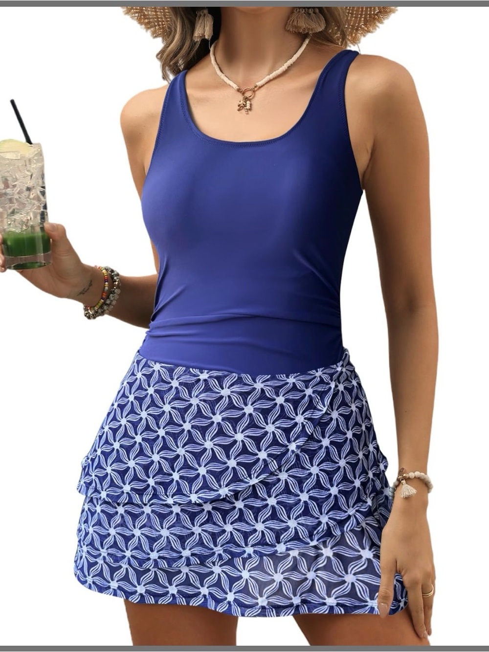 Blue Tankini Swim Dress with Patterned Skirt